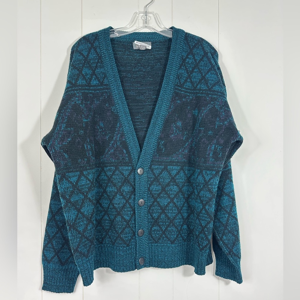 Vintage Sir William Sz L Cardigan Grandpa Sweater Mens Green Geometric Grunge - Picture 2 of 6